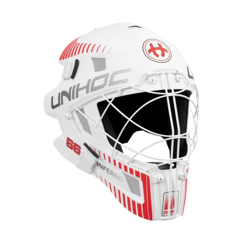Brankářská florbalová helma UNIHOC GOALIE MASK INFERNO 66 white/neon red - Brankářské masky