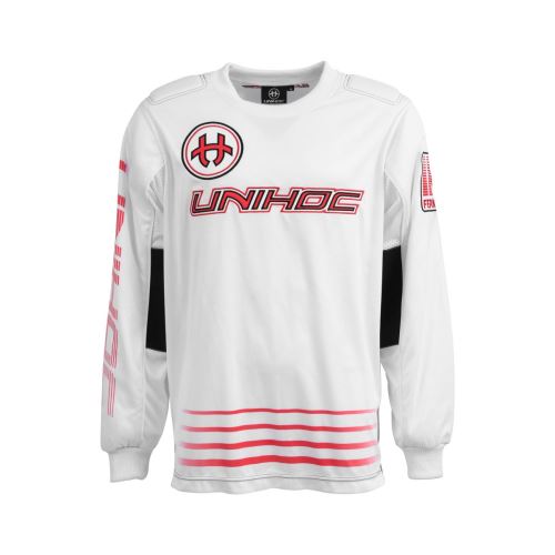 Floorball goalie jersey UNIHOC GOALIE SWEATER INFERNO white/neon red - Jersey